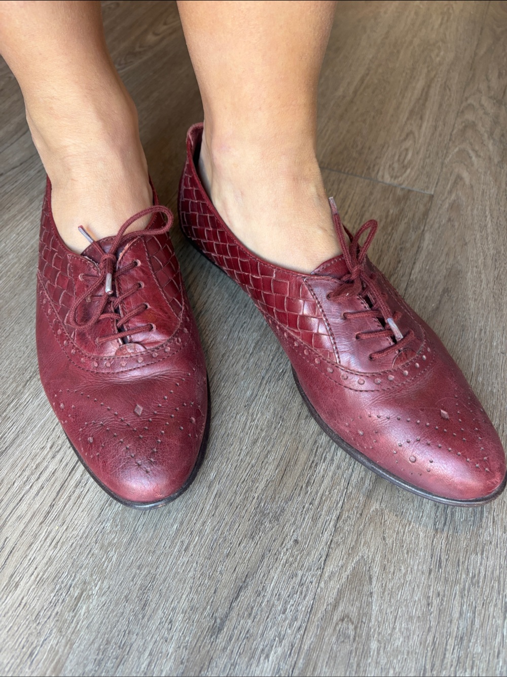 VTG Bass Flex Regent Hand Woven Burgundy Leather Wingtip Oxford Lace up Shoes